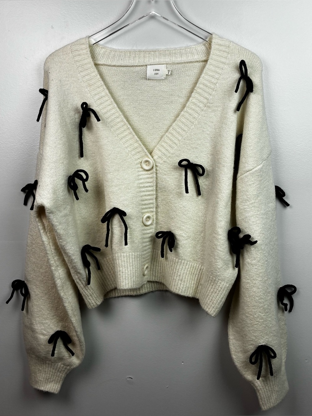 Luna Ivy Cardigan w/Black Bow Appliqués
